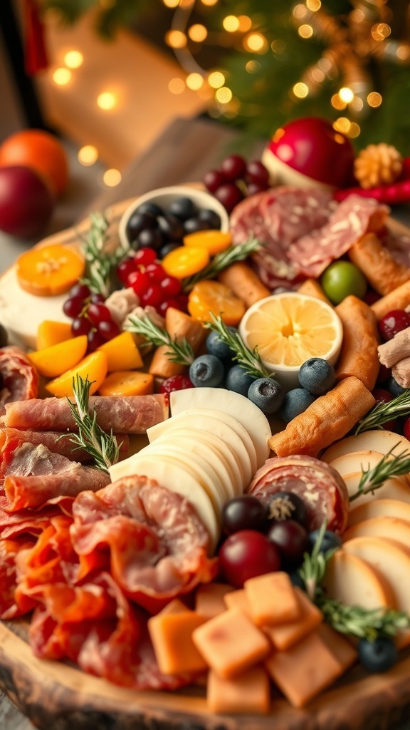 A festive charcuterie board with meats, cheeses, fruits, and herbs, perfect for Christmas celebrations.